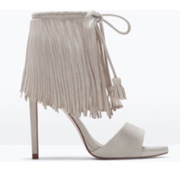 Zara White Fringe Suede Heels - Picture 2 of 4